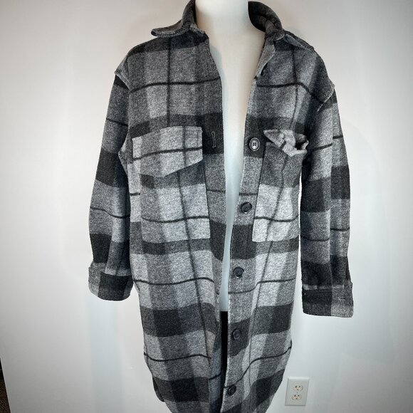 H&M Gray & Black Plaid Long Button Front Coat size XS - Picture 1 of 4